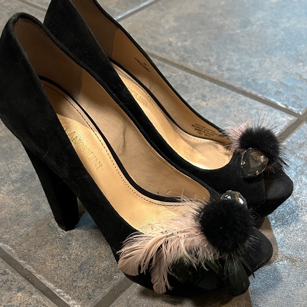 Enzo Angiolini Black Heels with Feather and Gem Embellishments